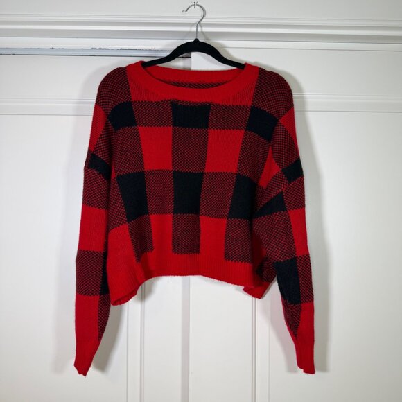 Red & Black Buffalo Plaid Drop Shoulder Cropped Sweater 2X - Picture 2 of 9